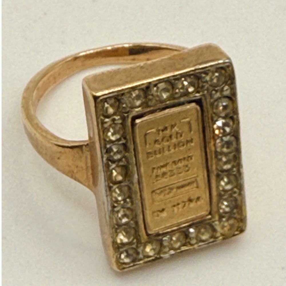 Vintage Faux Gold Bullion Bar Statement Ring Rhinestone Halo Gold Tone Size 7.5 - Picture 5 of 8